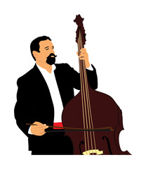 Man playing contrabass vector illustration isolated. Music man with contra bass standing on concert event stage. Double bass performer amusement entertainment. Classic musician with string instrument.