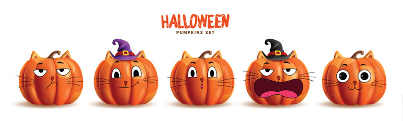 Poster - Halloween orange pumpkins vector set design. Pumpkins orange cat characters cute collection with creepy, spooky and scary elements. Vector illustration horror cat characters set. 
