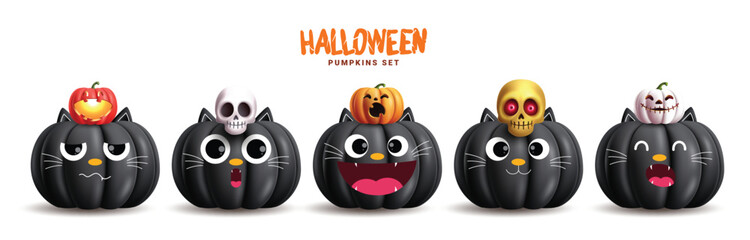 Poster - Halloween black pumpkins vector set design. Pumpkins black cat characters cute collection with creepy, spooky and scary elements. Vector illustration horror cat characters set. 
