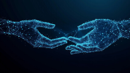 Two digital hands, made of glowing lines and dots, hold something on a dark blue background. This abstract image represents technology and human connection.low poly vector illustration.