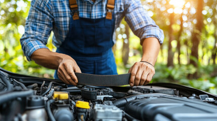 Poster - A man is working on a car engine. He is wearing a blue shirt and blue overalls