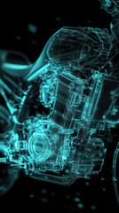 Poster - A close up of a motorcycle engine with a blue tint. The engine is shown in a 3D format, giving it a futuristic appearance
