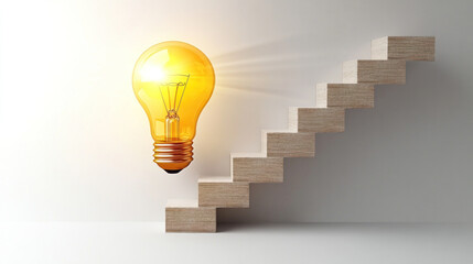 Poster - A light bulb is floating above a set of stairs. Concept of creativity and innovation, as the light bulb represents an idea or a new concept