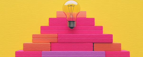 Poster - A stack of pink blocks with a light bulb on top. The light bulb is lit up, which gives the image a sense of inspiration and creativity. The pink blocks are arranged in a pyramid shape