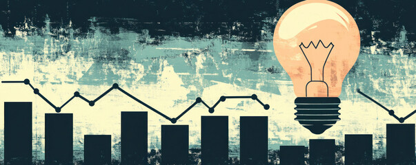 Poster - A light bulb is lit up in the middle of a graph with a city skyline in the background