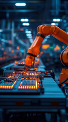 Poster - A robot is working on a computer chip. The robot is orange and is surrounded by a blue background. The robot is focused on its task and he is working diligently