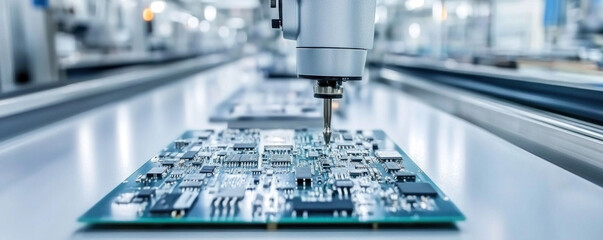 Poster - A machine is drilling into a circuit board. Concept of precision and technical expertise