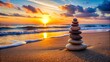 © Pluto - Zen stones stacked on sandy beach during beautiful sunset next to the ocean