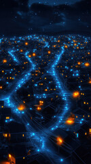 Poster - A cityscape with a blue sky and a bright city at night. The city is lit up with lights and the sky is filled with stars