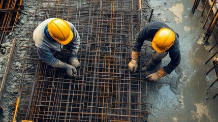 Two Construction Workers Setting Reinforcing Steel Mesh in Concrete