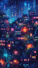 Wall Mural - A cityscape with many buildings lit up at night. Scene is lively and bustling, with the bright lights creating a sense of energy and excitement. The idea behind the image is to capture the beauty