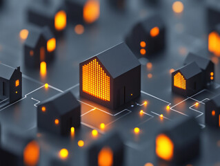 Poster - A black and orange image of houses with a network of lights connecting them. The houses are small and clustered together, with some of them lit up. Scene is warm and cozy