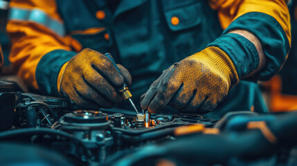 Poster - A mechanic is working on a car engine, wearing a yellow jacket and gloves. Concept of focus and determination as the mechanic carefully inspects and repairs the engine