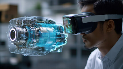 Poster - A man is wearing a virtual reality headset and looking at a blue and green engine. Concept of wonder and excitement as the viewer is transported into a world of technology and innovation