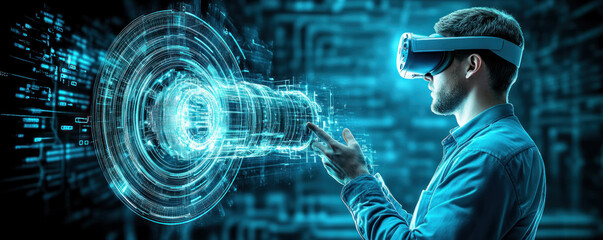 Poster - A man is wearing a virtual reality headset and pointing at a blue circle on a screen. Concept of excitement and wonder as the man explores the virtual world