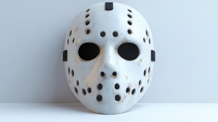 A classic white hockey mask with dark eye holes, giving off a scary Halloween vibe, isolated on a white background