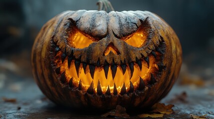 Wall Mural - A close-up of a scary, grinning jack-o'-lantern with sharp teeth, on a white background