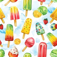 Sticker - Watercolor Summer Ice Cream Seamless Pattern