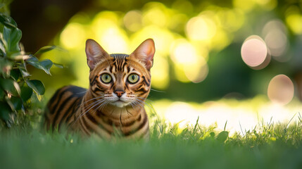 A Bengal cat sits in the green grass.