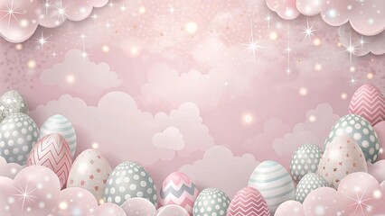 Wall Mural - Soft cloud patterns in pink and grey with hidden Easter egg shapes and sparkles background