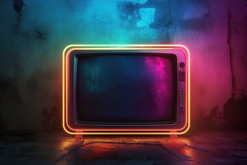 Neon vintage TV frame on dark night background for advertising campaign