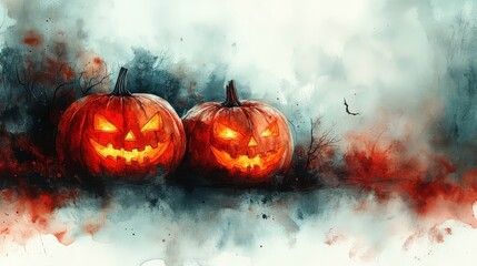 Wall Mural - A delicate watercolor painting of Halloween pumpkins, with subtle shading and a ghostly atmosphere, on a white background