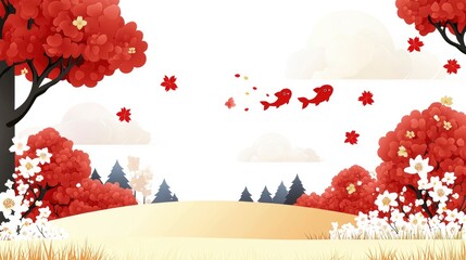 Poster - Red and White Spring Landscape with Fish