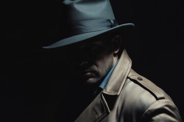 Wall Mural - A Mysterious Man dressed in a Fedora hat and a stylish Trench Coat, creating intrigue