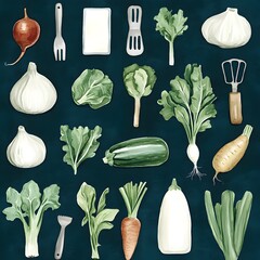 Wall Mural - Watercolor Vegetables and Kitchen Utensils on Teal Background