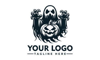 Ghost holding pumpkin with scary face vector logo Ghostly figure holding a spooky pumpkin with a carved face. Ideal for Halloween designs, seasonal promotions, and hauntedthemed projects