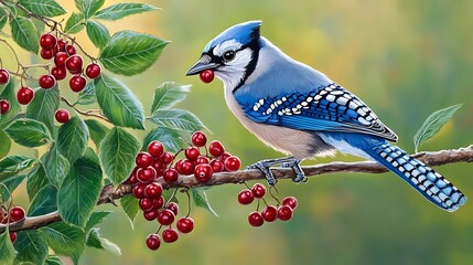 Poster - Blue Jay Perched on a Branch, Enjoying Red Berries