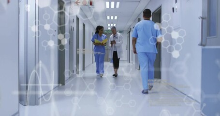 Poster - Animation of data processing and chemical formula over diverse doctors walking and talking
