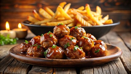 Wall Mural - Tasty glazed meatballs and crispy fries served at a cozy restaurant