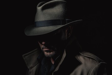 Wall Mural - Mysterious Detective in Shadowy Silhouette wears a Fedora Hat and Trench Coat on black background