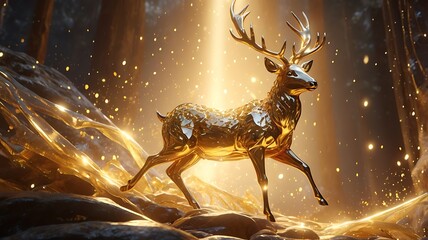 Golden Deer Runs Through the Forest, Magical 3D Animation with a Glowing Light