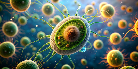 Poster - microscopic world: a 3d rendering of vibrant green, single-celled organisms teeming in a digital env