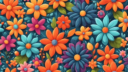 Seamless pattern with colorful flowers on a dark blue background.