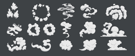 cartoon comic book dust clouds, smoke puff stream cloud elements. steaming dust, cloud puffs silhoue
