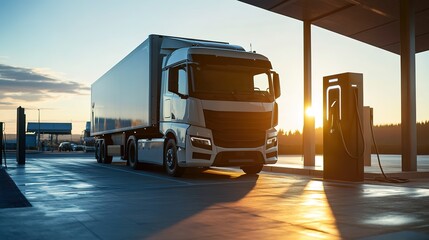 Sunset scene with electric truck at charging station