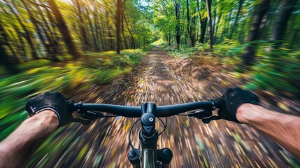 Dynamic point-of-view shot of a cyclist speeding down a forest trail. The blurred motion effect, fast pace, surrounded by lush green trees. Perfect for banner wallpaper, healthy lifestyle