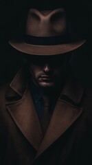 Wall Mural - Mysterious Detective in Shadowy Silhouette wears a Fedora Hat and Trench Coat on black background