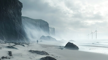 Wall Mural - a panoramic view of a misty beach on a foggy day with soft sand and earthy tones, cragy rocks out in the water, and off-shore wind turbines in the far distance