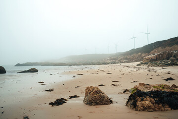 Wall Mural - a panoramic view of a misty beach on a foggy day with soft sand and earthy tones, cragy rocks out in the water, and off-shore wind turbines in the far distance