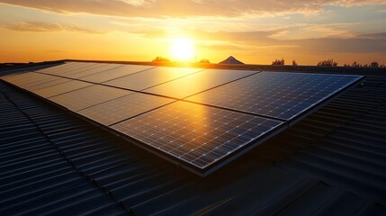 Solar panels on roof at sunset, renewable energy concept.