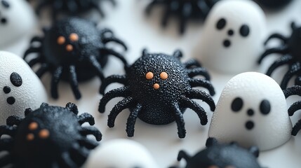 A soft, spooky Halloween fabric with ghost and spider motifs, arranged in a seamless pattern, on a white background