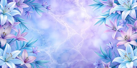 Wall Mural - Gradient lavender-sky blue background with marble patterns and glowing lilies, perfect for a serene and elegant design