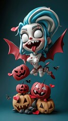 Canvas Print - Cute Halloween Vampire Girl with Jack-o'-Lantern Pumpkins