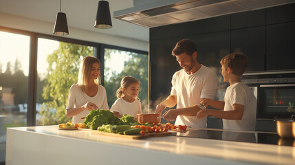 family having dinner in the kitchen, A happy family of four cooking together in a spacious, modern kitchen. parents and two children are preparing a meal with fresh vegetables on a large island counte