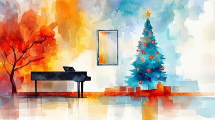 Festive living room, decorated Christmas tree, family gathering for reunion, cozy atmosphere, Watercolor style