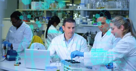 Poster - Animation of chemical formula and data processing over diverse scientists doing experiments